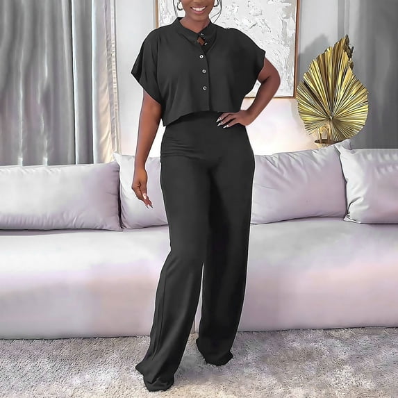 Wyongtao Women's 2 Piece Outfits Short Sleeve Button Crop Top Wide Leg Pants Set with Pockets,Black XL