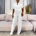 thumbnail image 1 of Wyongtao Women's 2 Piece Outfits Short Sleeve Button Crop Top Wide Leg Pants Set with Pockets,White XL, 1 of 7
