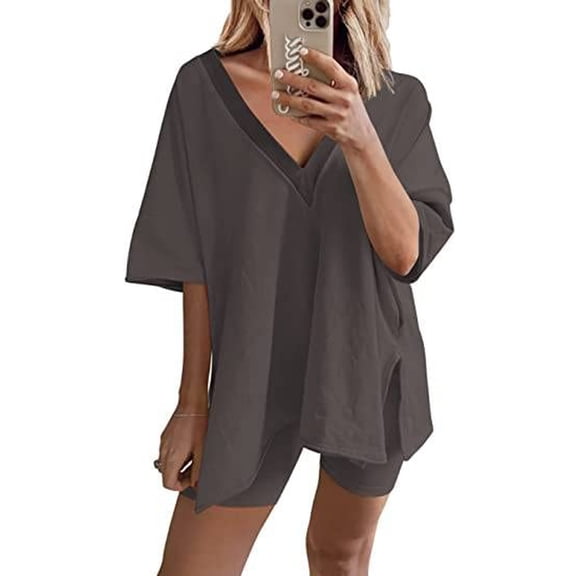Wyongtao Women's 2 Piece Sets Summer Outfits V-Neck T Shirts Tops Biker Shorts Lounge Workout Tracksuits,Dark Gray XL