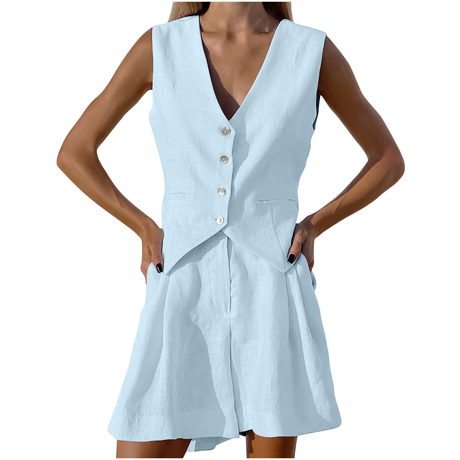 Cotton and Linen Sleeveless Vest With Irregular Collar Suit