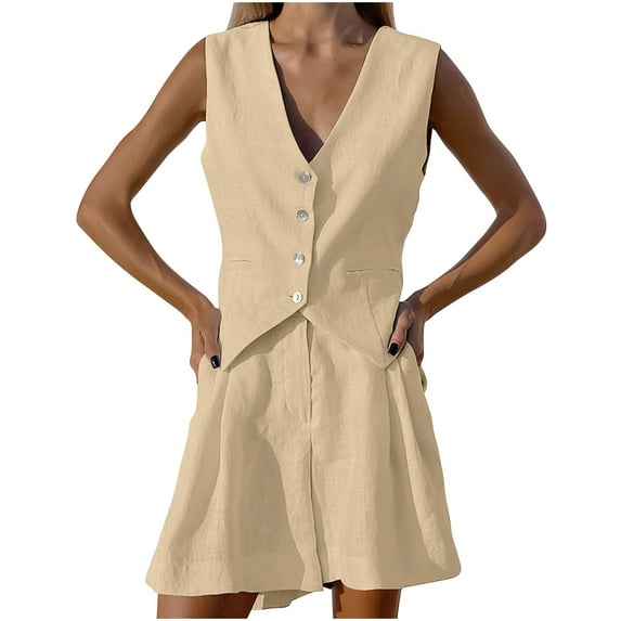 Wyongtao Women's 2 Piece Suit Sets Cotton Linen Sleeveless Lapel Blazer and Short Pants Work Clothes,Khaki M