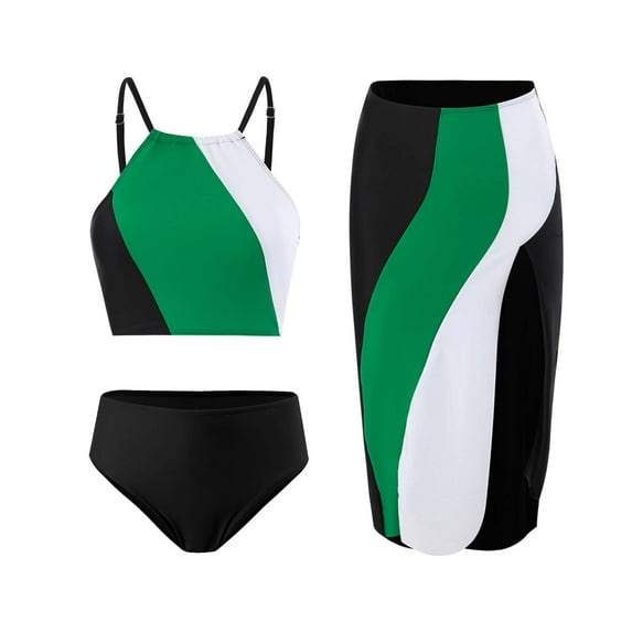 Wyongtao Women's 3 Piece Bikini Swimsuit Set Color-Blocking and Beach Skirt Bathing Suit for Adults,Green L