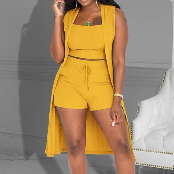 Wyongtao Women's 3 Piece Sweatsuit Ribbed Open Front Cardigan Crop Tank Tops Shorts Lounge Sets,Yellow L