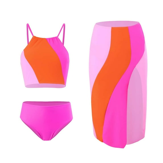 Wyongtao Women's 3 Piece Swimsuits Halter Cutout Bikini Set Bathing Suit with Cover Up Skirt,Pink XL