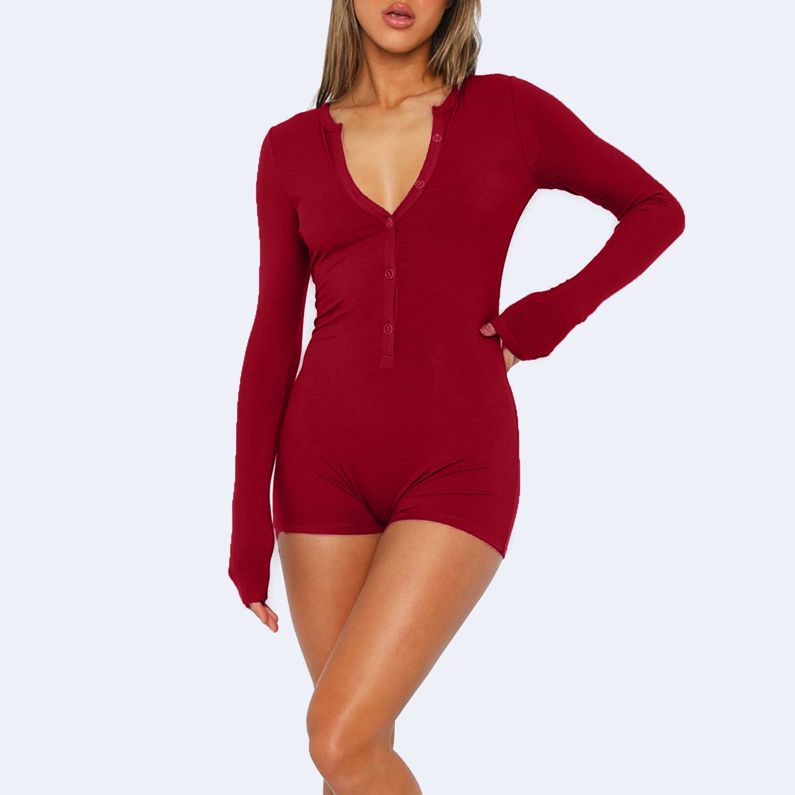 Wyongtao Women's Bodysuits Sexy Ribbed One Piece Square Neck Long Sleeve  Yoga Rompers Workout Sport Jumpsuits,Wine XXL 