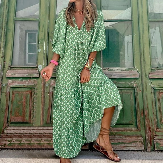 Wyongtao Women's Casual 3/4 Sleeve Midi Fall Dress Boho Pleated V Neck Ruffled Vintage Geometric Printed Flowy Long Dresses Mint Green XXL