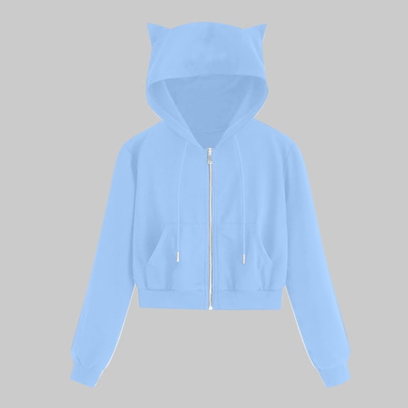 Wyongtao Women's Cat Ears Hooded Jacket Solid Colour Zip Sweatshirt Long Sleeve Hooded Coat with Pocket,Blue L