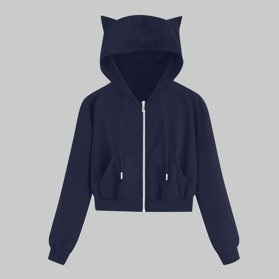 Wyongtao Women's Cat Ears Hooded Jacket Solid Colour Zip Sweatshirt Long Sleeve Hooded Coat with Pocket,Navy S