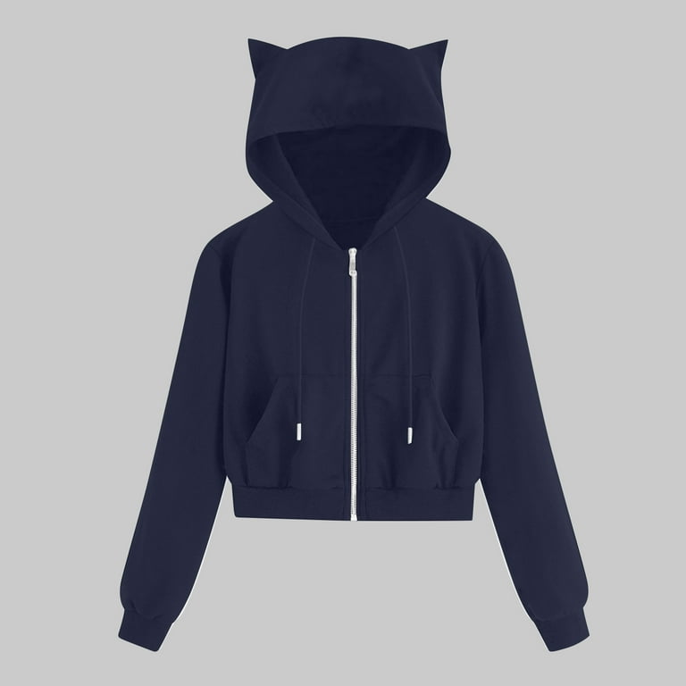 Wyongtao Women s Cat Ears Hooded Jacket Solid Colour Zip Sweatshirt Long Sleeve Hooded Coat with Pocket Navy XXXXXL Walmart