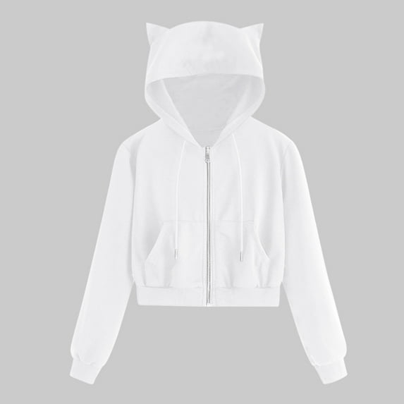 Wyongtao Women's Cat Ears Hooded Jacket Solid Colour Zip Sweatshirt Long Sleeve Hooded Coat with Pocket,White XXXXXL