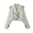 thumbnail image 1 of Wyongtao Women's Cropped Bomber Jacket Casual Long Sleeve Turndown Collar Belt Coat Jacket Gray L, 1 of 9