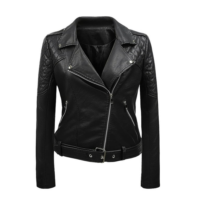 Women's Faux Leather Biker Jacket Slim Short Coat Zipper Moto