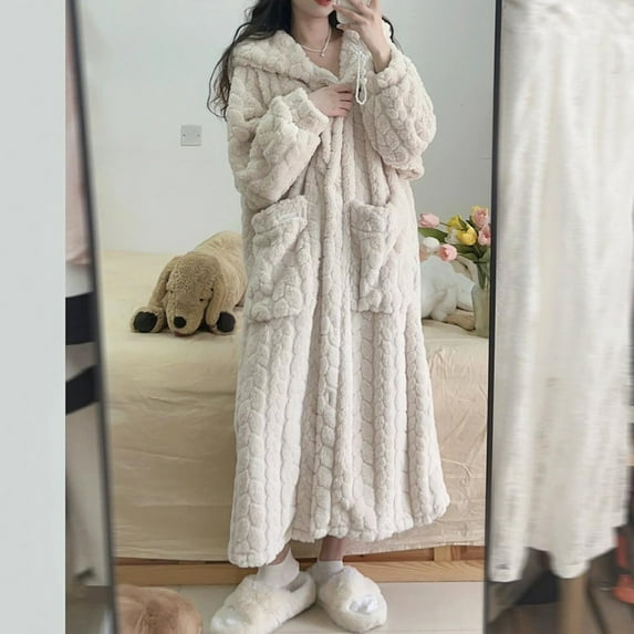 Wyongtao Women's Fleece Robe Soft Kimono Spa Knitted Ribbed Long Bathrobe Elastic Pocket Loungewear Knee Length Robes,Beige L
