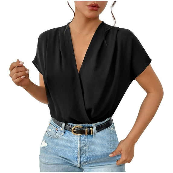 Wyongtao Women's Jumpsuits V-Neck Short Batwing Sleeve Bodysuit Slimming Thong Bodysuits Tops,Black M