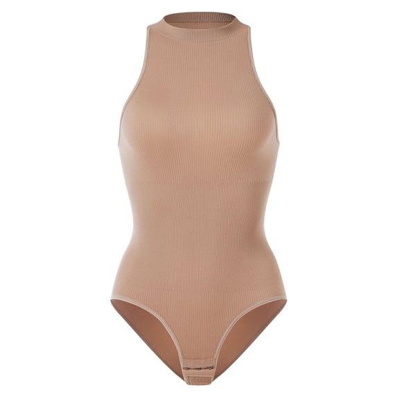 Wyongtao Women's Mock Turtleneck Sleeveless Bodysuit Thong Briefs Shapewear Tummy Control Ribbed Seamless,Beige XXL