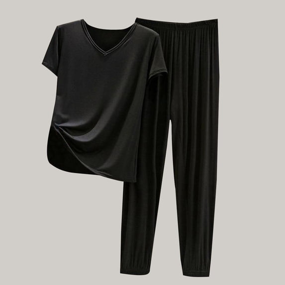 Wyongtao Women's Pajamas Sets Plus Size Long Sleeve with Pants Soft Sleepwear Crew Neck 2 Piece Pjs Joggers Loung Set,Black M