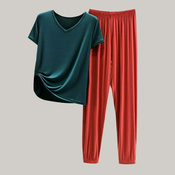 Wyongtao Women's Pajamas Sets Plus Size Long Sleeve with Pants Soft Sleepwear Crew Neck 2 Piece Pjs Joggers Loung Set,Red L