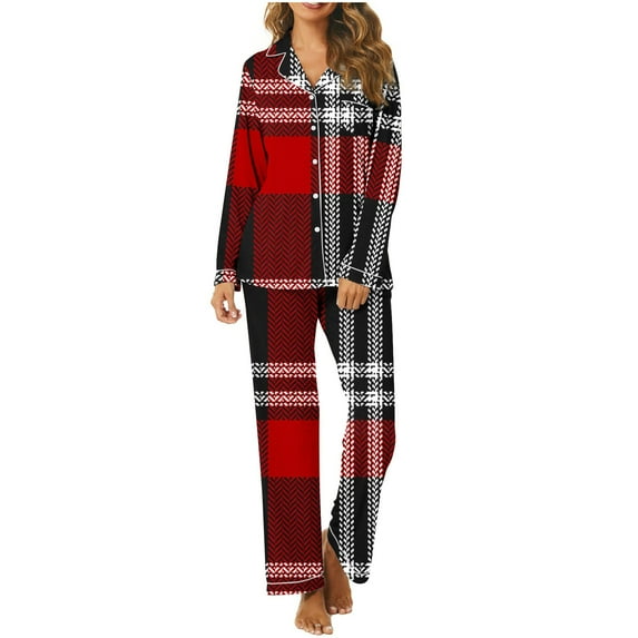 Wyongtao Women's Plaid Pajama Sets Long Sleeve Button Down Sleepwear Nightwear Soft Pjs Lounge Sets with Pockets,Red M