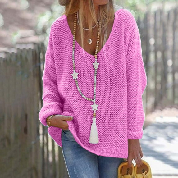 Wyongtao Women's Pullover Sweaters Long Balloon Sleeve Waffle Knit Tops V-Neck Oversized Sweater,Hot Pink M