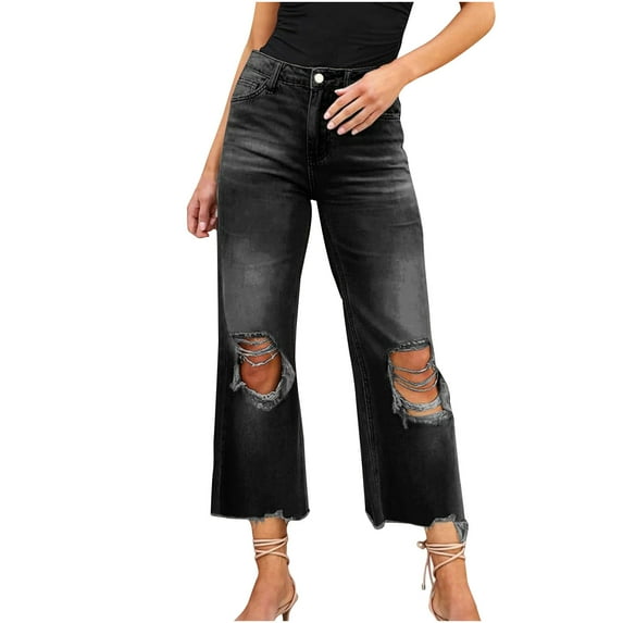Wyongtao Women's Ripped Boyfriend Jeans Stretch Skinny Jean Trendy Distressed Straight Leg Jeans with Holes,Black L