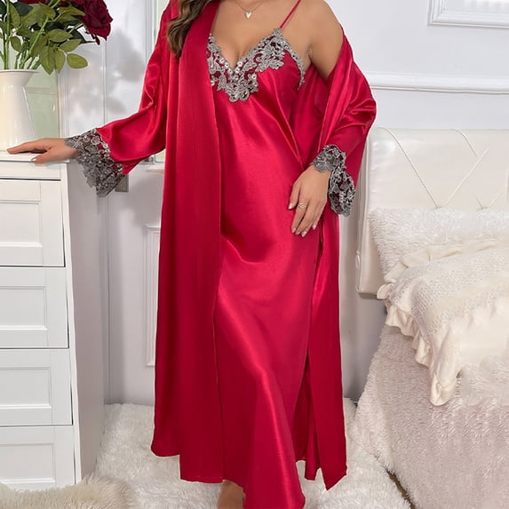 Wyongtao Women's Silk Satin Pajamas Sets 2Pcs Silky Pj Robe Set with Camisole Nightgown,Red L