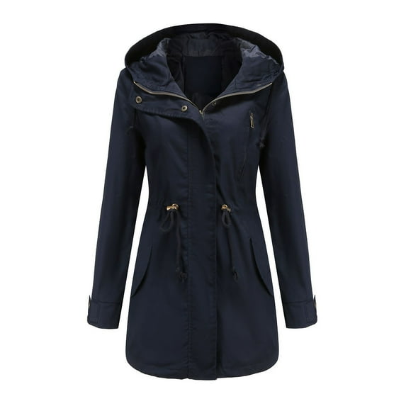 Wyongtao Women's Solid Raincoat Waterproof Long Hooded Trench Coats Lined Windbreaker Travel Jacket,Navy L