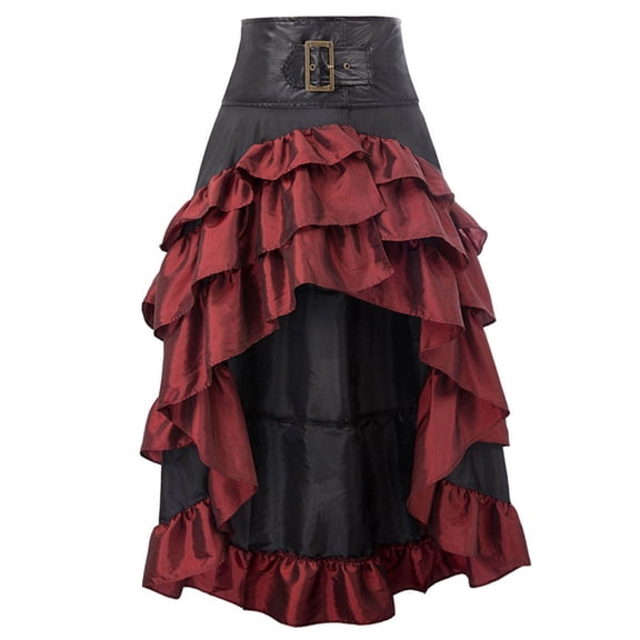 Wyongtao Women's Steampunk Gothic Wrap Skirt Victorian Ruffles Pirate Skirt Middl Splicing Irregular Ankle-Length Cupcake Skirt,Red L