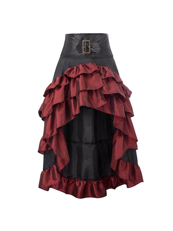 Women's Steampunk Gothic Wrap Skirt Victorian Ruffles Pirate Skirt Middl Splicing Irregular Ankle-Length Cupcake Skirt,Red XXL