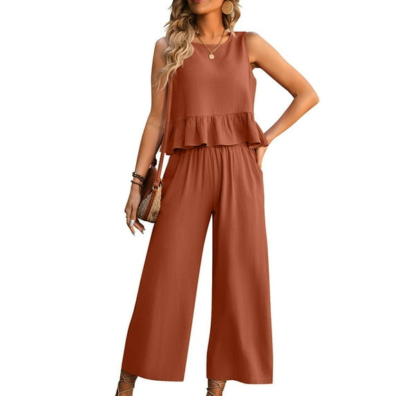 Wyongtao Women’s Summer 2 Piece Outfits Pants Sets Sleeveless Crop Top and Pants Romper with Pockets,Orange L