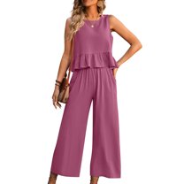 Wyongtao Women’s Summer 2 Piece Outfits Pants Sets Sleeveless Crop Top and Pants Romper with Pockets,Purple XL