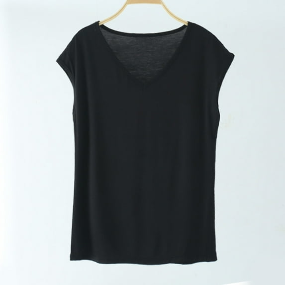 Wyongtao Women's Tops Dressy Casual Shirts V-neck Cap Sleeve Tops Basic Solid Summer T Shirt,Black XXL