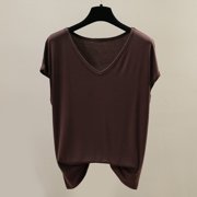 Wyongtao Women's Tops Dressy Casual Shirts V-neck Cap Sleeve Tops Basic Solid Summer T Shirt,Coffee M