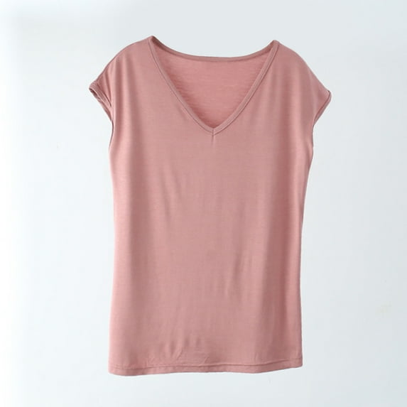 Wyongtao Women's Tops Dressy Casual Shirts V-neck Cap Sleeve Tops Basic Solid Summer T Shirt,Pink XXL