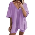 thumbnail image 1 of Wyongtao Women's Two Piece Outfit Short Sleeve V-Neck Pullover with Shorts Tracksuit Sleepwear Set,Purple S, 1 of 5