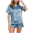 thumbnail image 1 of Wyongtao Women's V-Neck Silky Satin Pajamas Short Sleeve Top with Shorts Sleepwear PJ Set,Sky Blue S, 1 of 6