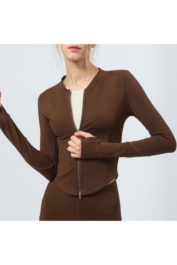 Women's Workout Hoodie Jacket Lightweight Zip Up Yoga Jacket Cropped Athletic Slim Fit Tops,Brown S