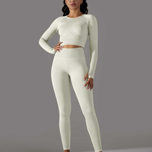 Wyongtao Women's Workout Tracksuit 2 Piece Outfits Long Sleeve Crop Top High Waist Legging Pants Set,White S