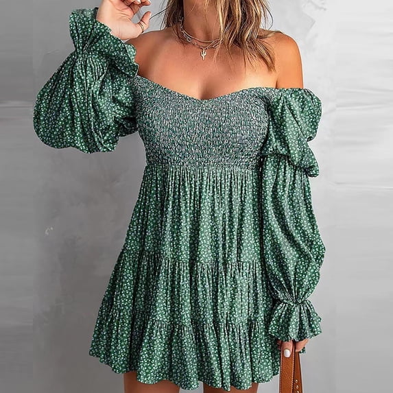 Wyongtao Womens 2024 Summer Spring Elegant Off The Shoulder V Neck Long Sleeve Ruffle Flowy Mini Short Skater Dresses Green L