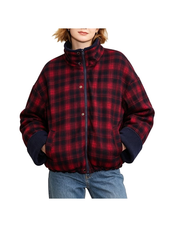 Womens Button Up Jacket Plaid Reversible Collared Long Sleeve Coat Casual Fall Winter Outwear with Pockets (M, Navy)