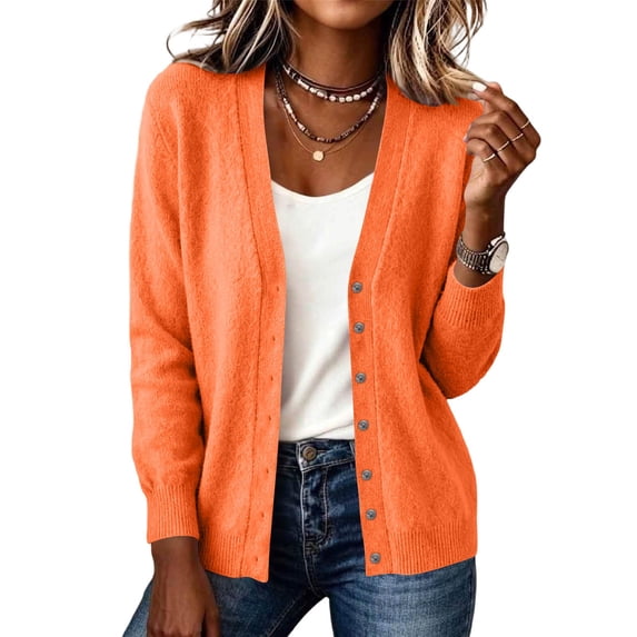 Wyongtao Womens Button Up Sweaters Soft Knitted V Neck Long Sleeve Solid Color Cardigan Casual Dressy Fall Winter Tops (M, Orange)