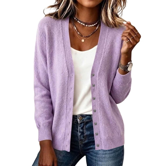 Wyongtao Womens Button Up Sweaters Soft Knitted V Neck Long Sleeve Solid Color Cardigan Casual Dressy Fall Winter Tops (XS, Purple)