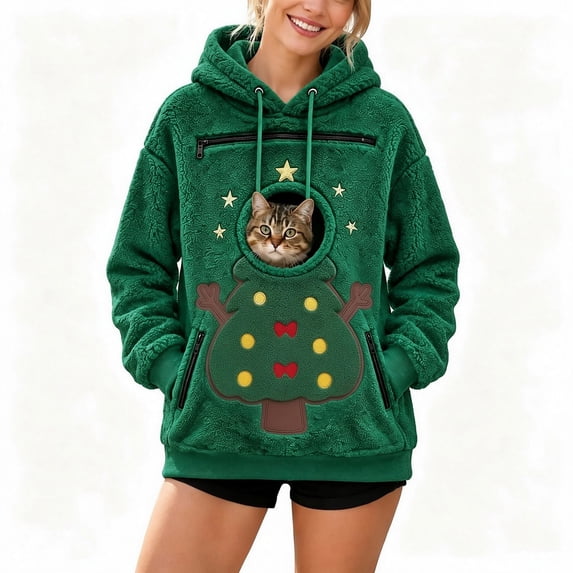 Wyongtao Womens Christmas Pet Pouch Hoodie Fleece Graphic Zipper Pockets Hooded Sweatshirt Xmas Cat Carrier Tops (XL, Green)