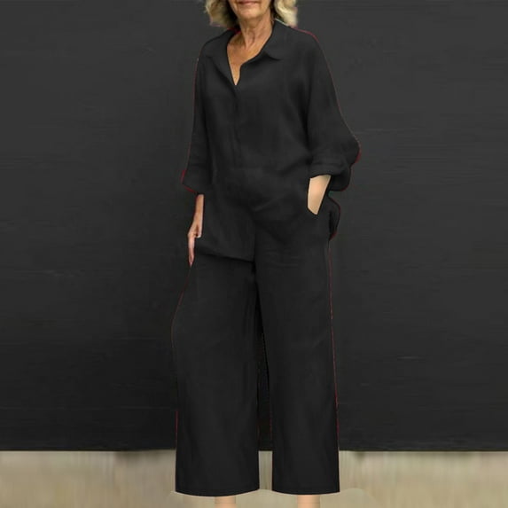 Wyongtao Womens Cotton Linen 2 Pieces Outfits Solid Long Sleeve Button Lapel Shirts Tops Comfy Wide Leg Pants Lounge Set Suits Black L