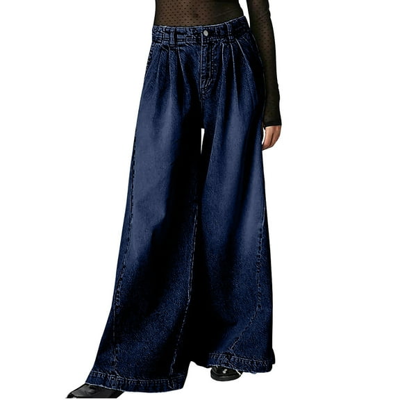 Wyongtao Womens Jeans High Waisted Wide Leg Baggy Jean for Women Stretch Denim Pants,Dark Blue S