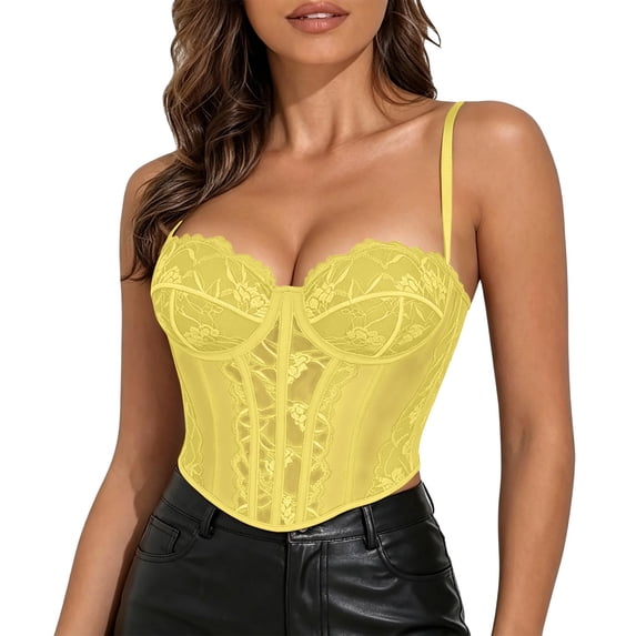 Wyongtao Womens Lace Corset Top Fashion Slim Fitted Shapewear Bustier Party Adjustable Straps Crop Camisole (XS, Yellow)