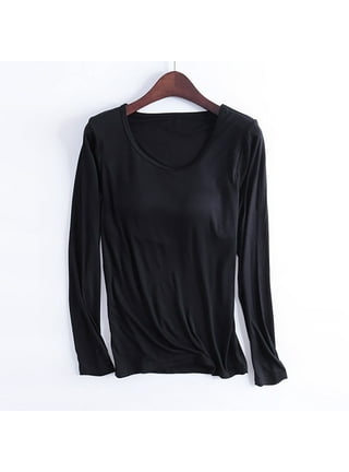 V Neck T-Shirt Casual with Built In Bra Top Padding Cotton