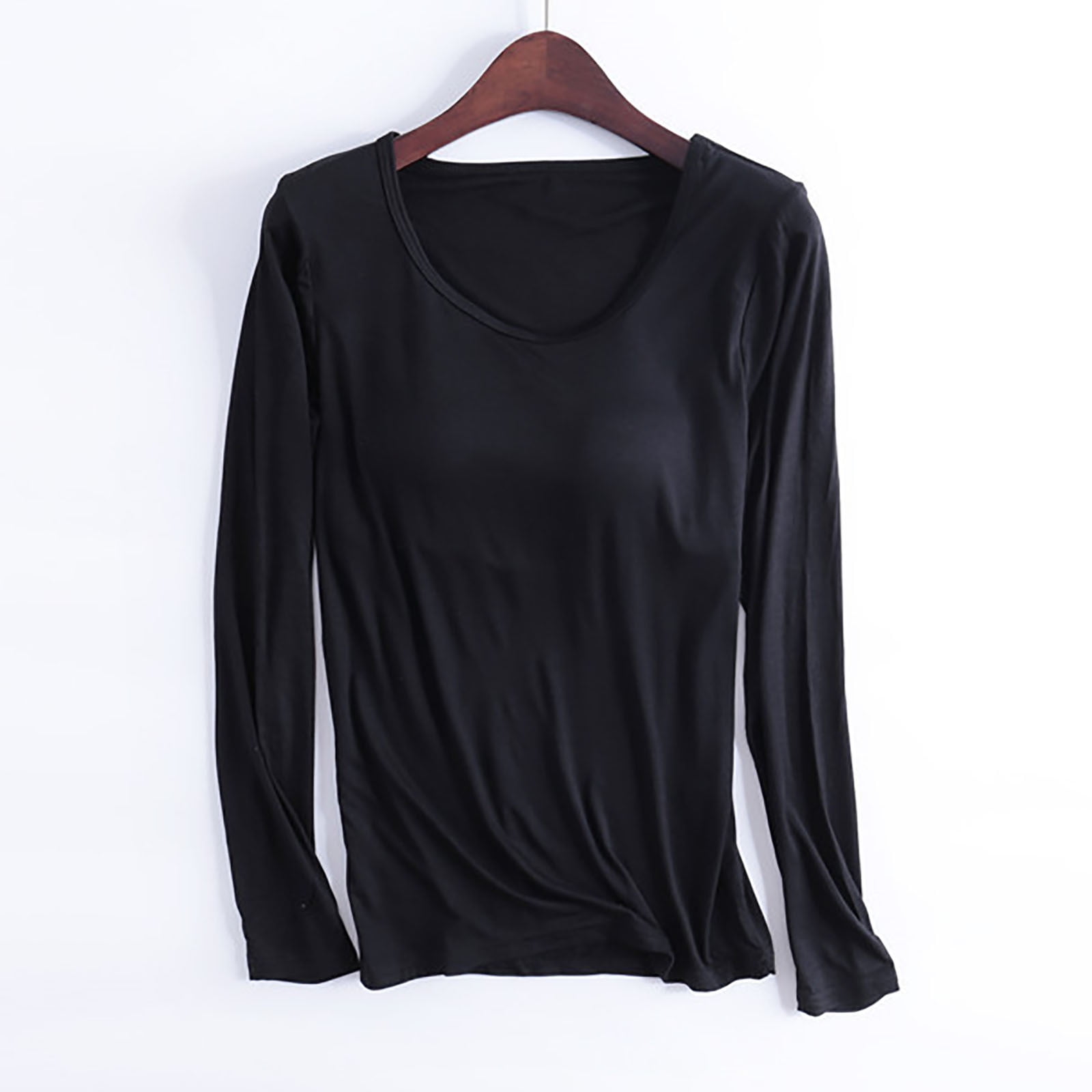 Wyongtao Womens Long Sleeve T-Shirt with Built in Padded Bra, Regular Fit  Built in Shelf Bra Solid Tops Black M