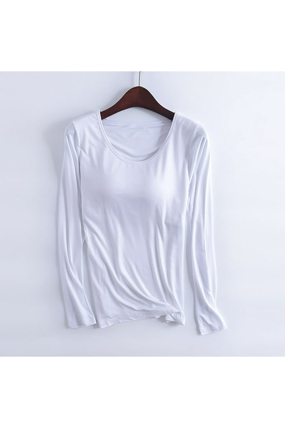Womens Long Sleeve T-Shirt with Built in Padded Bra, Regular Fit Built in Shelf Bra Solid Tops White XL