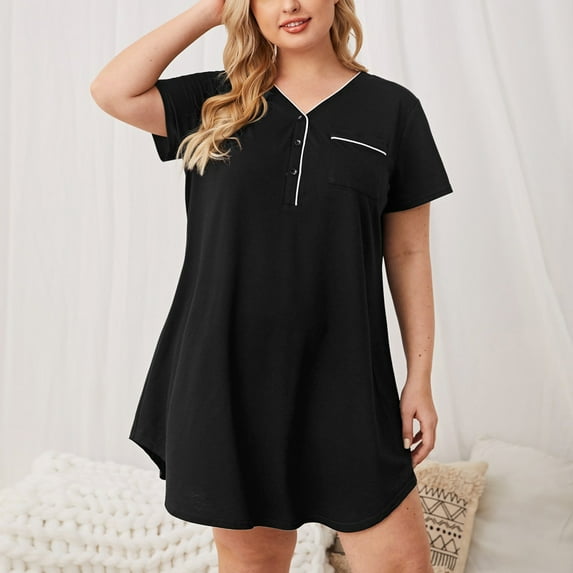 Wyongtao Womens Nightgown Plus Size Short Sleeve Sleep Dress with Pockets for Sleeping Nightgown Soft Nightdress,Black XXL