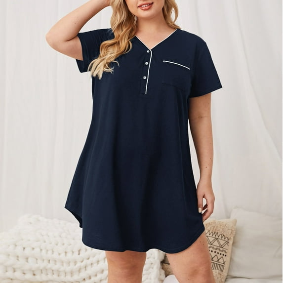 Wyongtao Womens Nightgown Plus Size Short Sleeve Sleep Dress with Pockets for Sleeping Nightgown Soft Nightdress,Navy XL